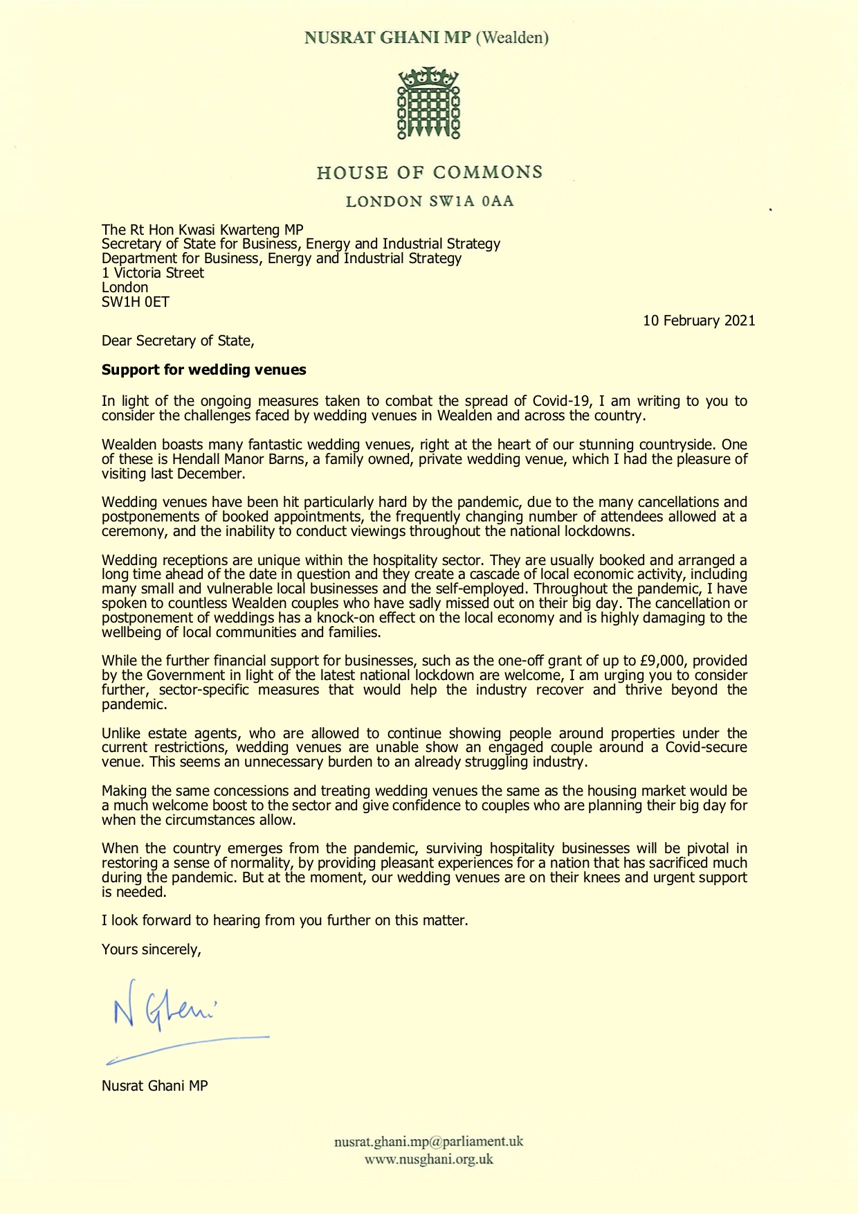 Letter to Business Secretary